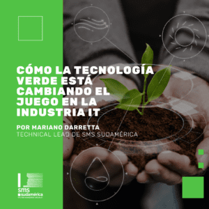 Manos sosteniendo una planta con superposición de gráficos digitales, representando la sostenibilidad y tecnología verde en IT