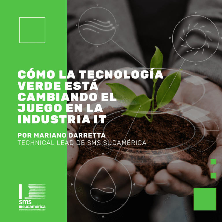 Manos sosteniendo una planta con superposición de gráficos digitales, representando la sostenibilidad y tecnología verde en IT