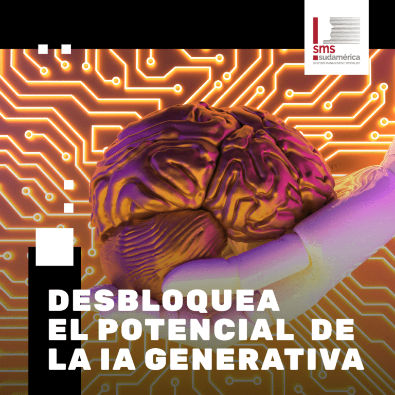 Banner del artículo 'Desbloquea el potencial de la IA generativa" de SMS Sudamérica con ilustración futurista de un cerebro potenciado con información sobre la mano de un robot.