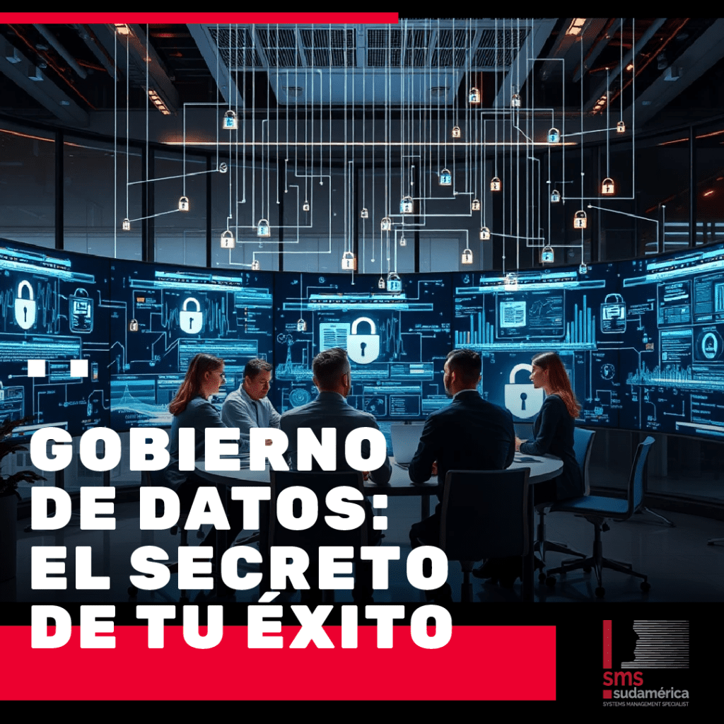 Banner del artículo 'Gobierno de Datos: el secreto de tu éxito' de SMS Sudamérica con ilustración futurista de personas sentadas alrededor de una mesa
