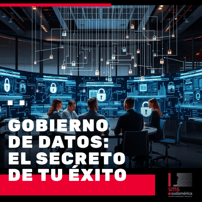 Banner del artículo 'Gobierno de Datos: el secreto de tu éxito' de SMS Sudamérica con ilustración futurista de personas sentadas alrededor de una mesa