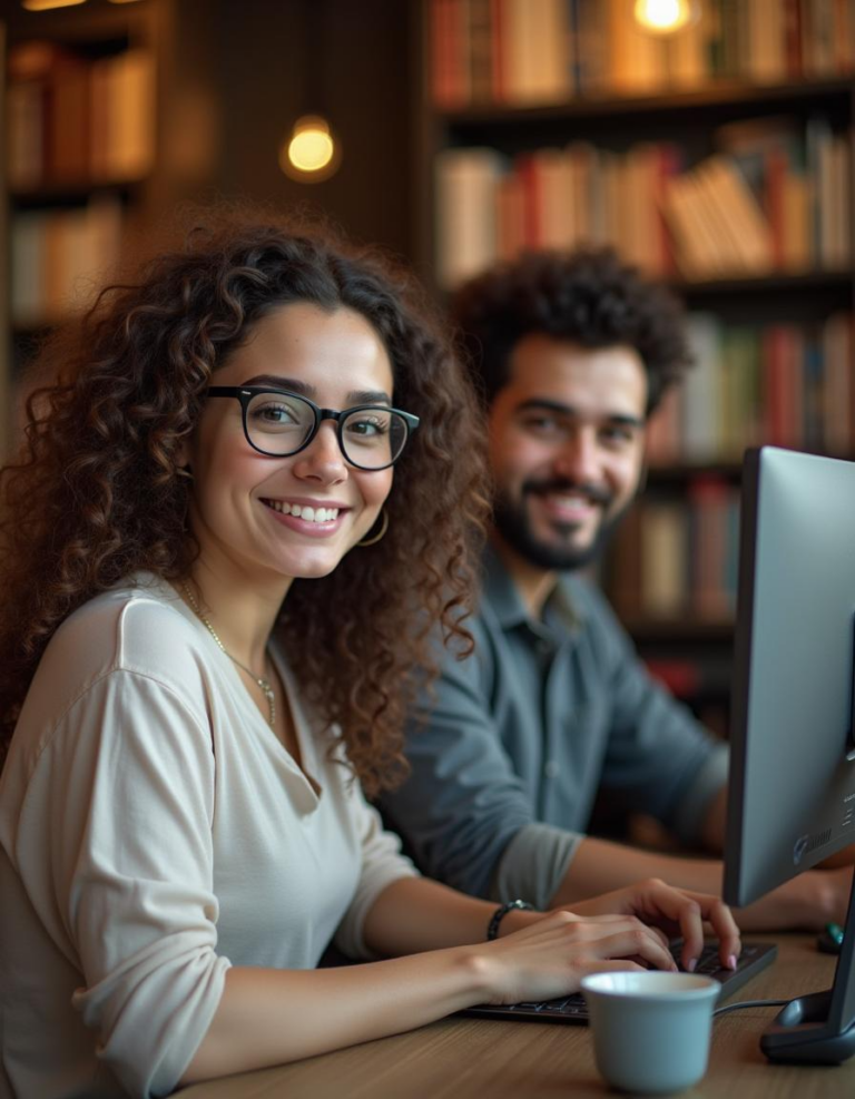 Jóvenes profesionales de TI colaborando y sonriendo frente a una computadora en un entorno de oficina moderno