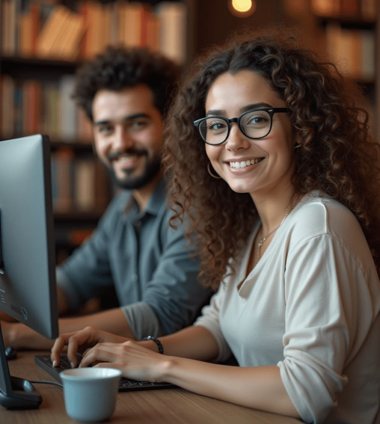 Jóvenes profesionales de TI colaborando y sonriendo frente a una computadora en un entorno de oficina moderno.