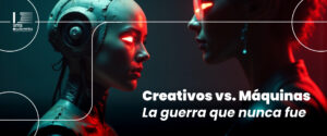 Banner del artículo 'Creativos vs. Máquinas: La guerra que nunca fue' de SMS Sudamérica con ilustración futurista