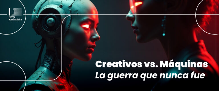 Banner del artículo 'Creativos vs. Máquinas: La guerra que nunca fue' de SMS Sudamérica con ilustración futurista