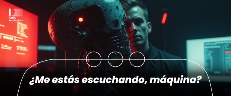 Banner del artículo '¿Me estás escuchando, máquina?" de SMS Sudamérica con ilustración futurista