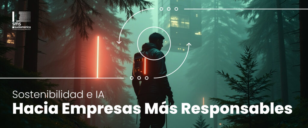 Banner del artículo 'Sostenibilidad e IA hacia empresas más responsables' de SMS Sudamérica con ilustración futurista
