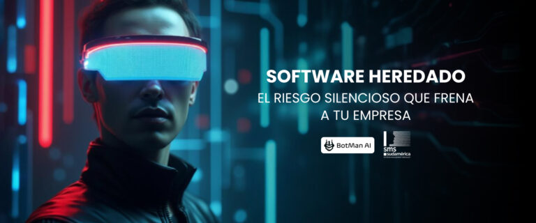Banner sobre los riesgos del software heredado en empresas con estética futurista y logo de SMS Sudamérica
