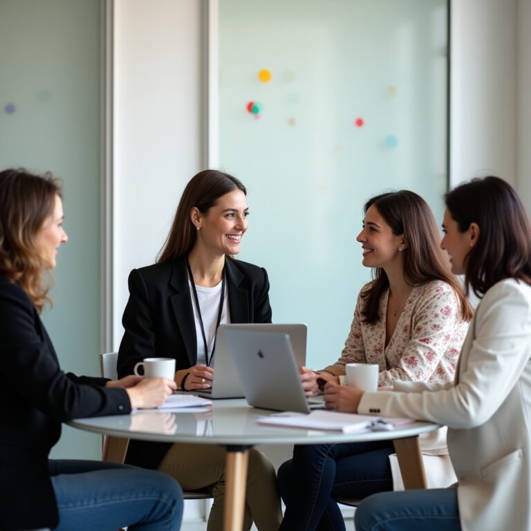 Equipo de mujeres profesionales colaborando en una reunión de negocios con laptops en una oficina moderna